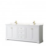 80 Inch Double Bathroom Vanity in White, Light-Vein Carrara Cultured Marble Countertop, Sinks, Gold Trim