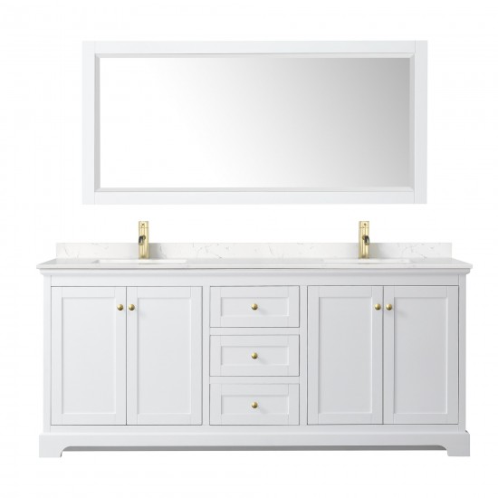 80 Inch Double Bathroom Vanity in White, Light-Vein Carrara Cultured Marble Countertop, Sinks, Gold Trim