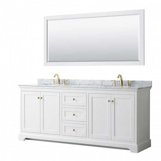 80 Inch Double Bathroom Vanity in White, White Carrara Marble Countertop, Oval Sinks, 70 Inch Mirror, Gold Trim