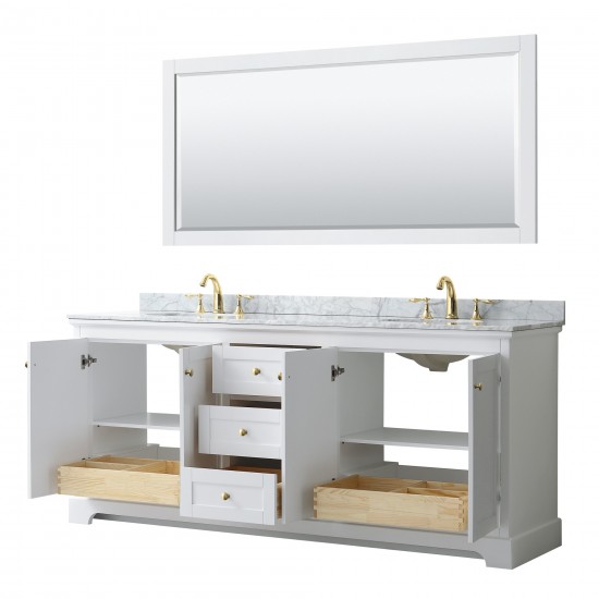 80 Inch Double Bathroom Vanity in White, White Carrara Marble Countertop, Oval Sinks, 70 Inch Mirror, Gold Trim