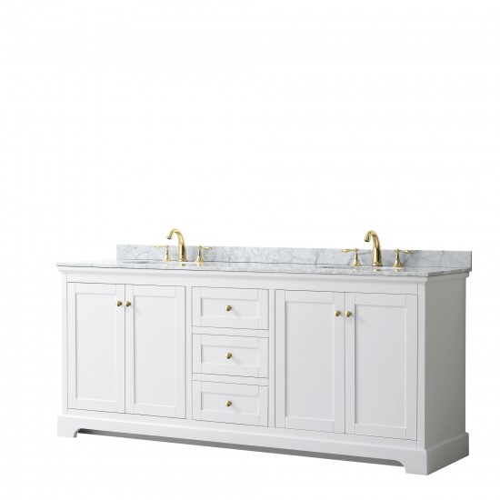 80 Inch Double Bathroom Vanity in White, White Carrara Marble Countertop, Oval Sinks, Gold Trim