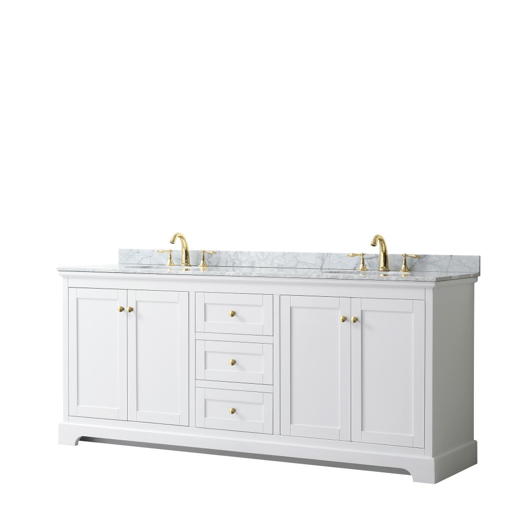 80 Inch Double Bathroom Vanity in White, White Carrara Marble Countertop, Oval Sinks, Gold Trim