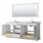 80 Inch Double Bathroom Vanity in White, White Carrara Marble Countertop, Oval Sinks, Gold Trim