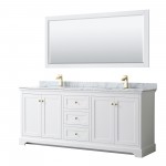 80 Inch Double Bathroom Vanity in White, White Carrara Marble Countertop, Sinks, 70 Inch Mirror, Gold Trim