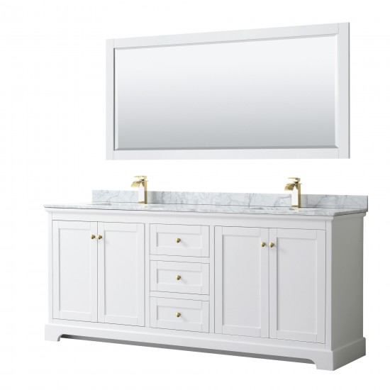 80 Inch Double Bathroom Vanity in White, White Carrara Marble Countertop, Sinks, 70 Inch Mirror, Gold Trim