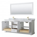 80 Inch Double Bathroom Vanity in White, White Carrara Marble Countertop, Sinks, 70 Inch Mirror, Gold Trim