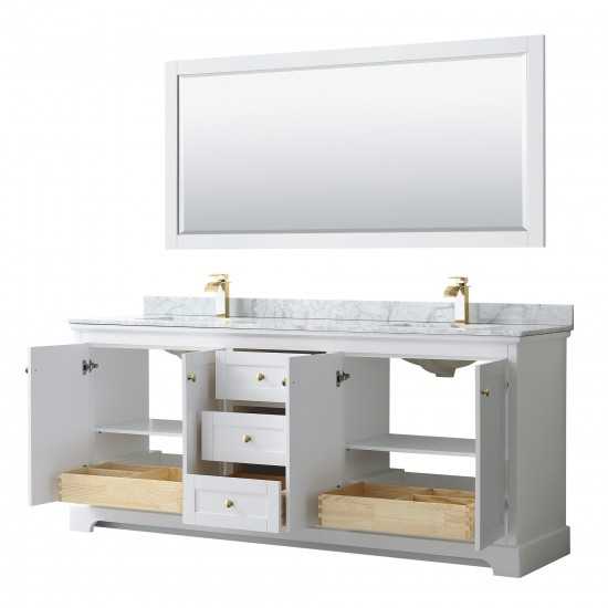 80 Inch Double Bathroom Vanity in White, White Carrara Marble Countertop, Sinks, 70 Inch Mirror, Gold Trim