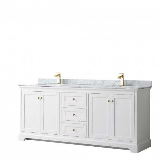 80 Inch Double Bathroom Vanity in White, White Carrara Marble Countertop, Sinks, Gold Trim