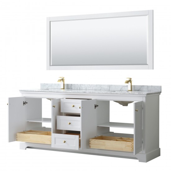 80 Inch Double Bathroom Vanity in White, White Carrara Marble Countertop, Sinks, Gold Trim