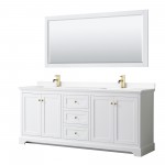 80 Inch Double Bathroom Vanity in White, White Cultured Marble Countertop, Sinks, 70 Inch Mirror, Gold Trim