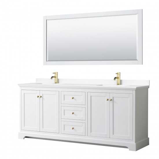 80 Inch Double Bathroom Vanity in White, White Cultured Marble Countertop, Sinks, 70 Inch Mirror, Gold Trim