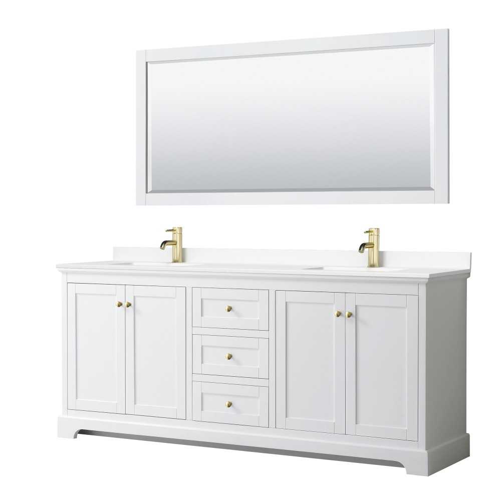 80 Inch Double Bathroom Vanity in White, White Cultured Marble Countertop, Sinks, 70 Inch Mirror, Gold Trim