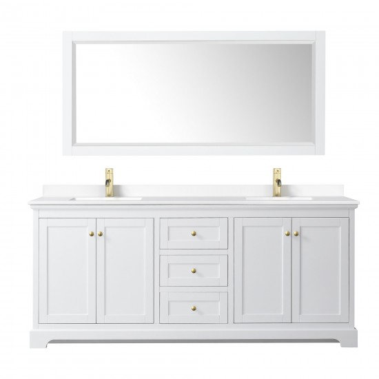 80 Inch Double Bathroom Vanity in White, White Cultured Marble Countertop, Sinks, 70 Inch Mirror, Gold Trim