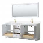 80 Inch Double Bathroom Vanity in White, White Cultured Marble Countertop, Sinks, 70 Inch Mirror, Gold Trim