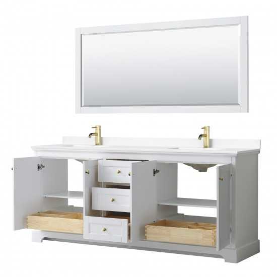 80 Inch Double Bathroom Vanity in White, White Cultured Marble Countertop, Sinks, 70 Inch Mirror, Gold Trim