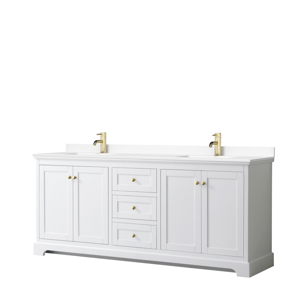 80 Inch Double Bathroom Vanity in White, White Cultured Marble Countertop, Sinks, Gold Trim