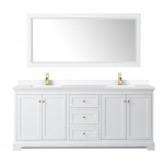 80 Inch Double Bathroom Vanity in White, White Cultured Marble Countertop, Sinks, Gold Trim