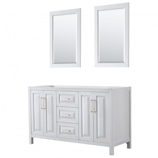 60 Inch Double Bathroom Vanity in White, No Countertop, No Sink, 24 Inch Mirrors, Gold Trim