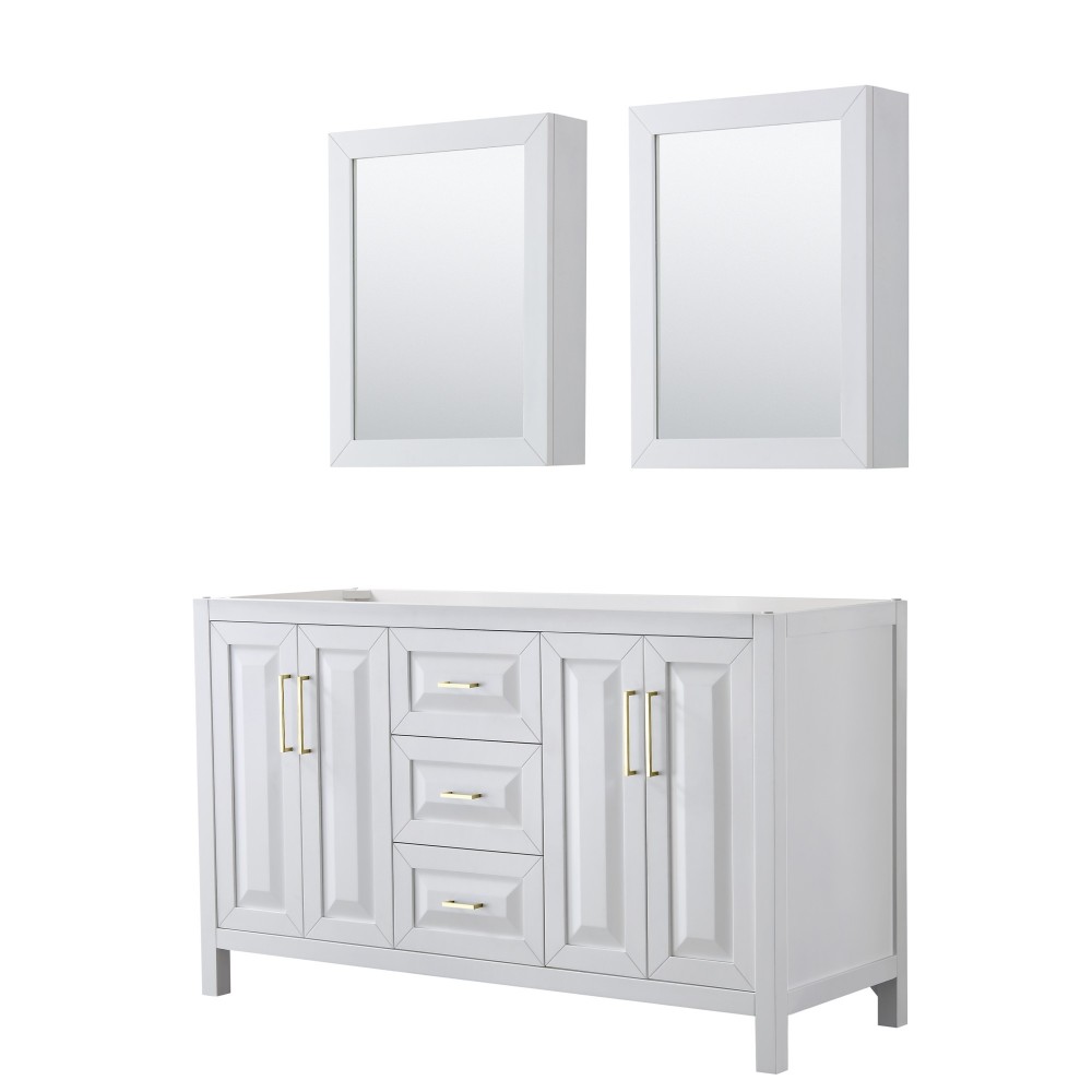 60 Inch Double Bathroom Vanity in White, No Countertop, No Sink, Medicine Cabinets, Gold Trim