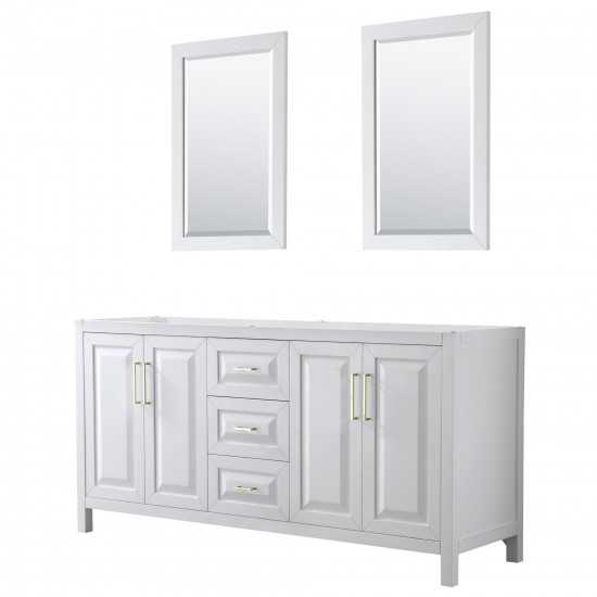 72 Inch Double Bathroom Vanity in White, No Countertop, No Sink, 24 Inch Mirrors, Gold Trim