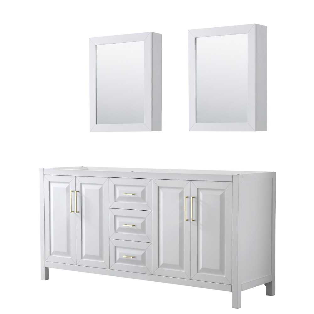 72 Inch Double Bathroom Vanity in White, No Countertop, No Sink, Medicine Cabinets, Gold Trim