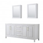 80 Inch Double Bathroom Vanity in White, No Countertop, No Sink, Medicine Cabinets, Gold Trim