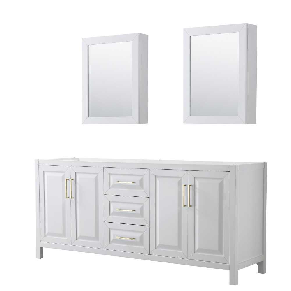 80 Inch Double Bathroom Vanity in White, No Countertop, No Sink, Medicine Cabinets, Gold Trim