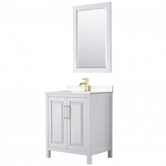 30 Inch Single Bathroom Vanity in White, Light-Vein Carrara Cultured Marble Countertop, Sink, 24 Inch Mirror, Gold Trim