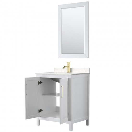 30 Inch Single Bathroom Vanity in White, Light-Vein Carrara Cultured Marble Countertop, Sink, 24 Inch Mirror, Gold Trim