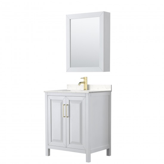 30 Inch Single Bathroom Vanity in White, Light-Vein Carrara Cultured Marble Countertop, Sink, Medicine Cabinet, Gold Trim