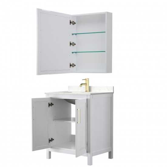 30 Inch Single Bathroom Vanity in White, Light-Vein Carrara Cultured Marble Countertop, Sink, Medicine Cabinet, Gold Trim