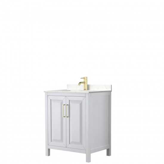 30 Inch Single Bathroom Vanity in White, Light-Vein Carrara Cultured Marble Countertop, Sink, Gold Trim