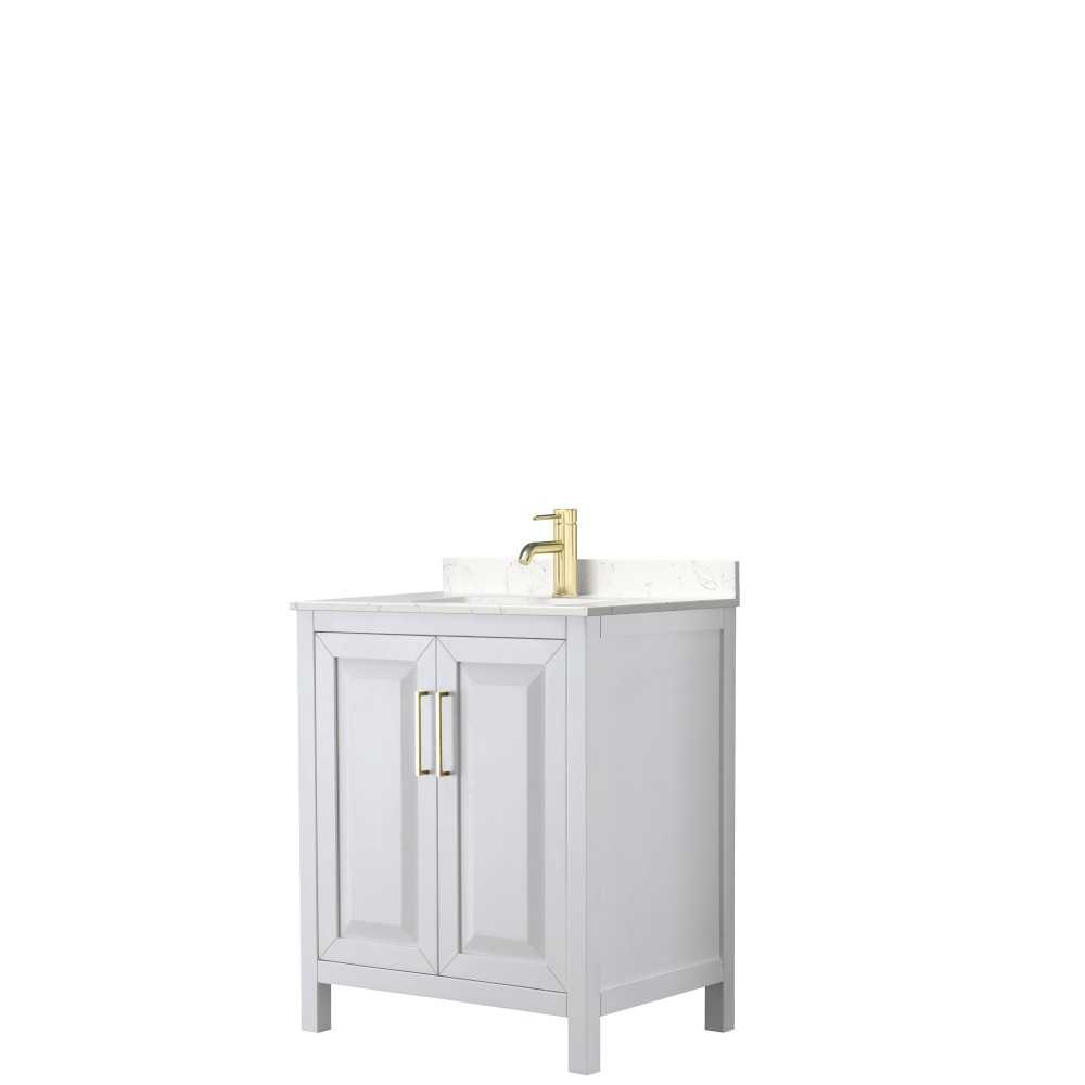 30 Inch Single Bathroom Vanity in White, Light-Vein Carrara Cultured Marble Countertop, Sink, Gold Trim