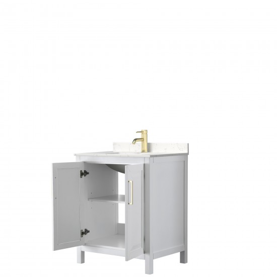 30 Inch Single Bathroom Vanity in White, Light-Vein Carrara Cultured Marble Countertop, Sink, Gold Trim