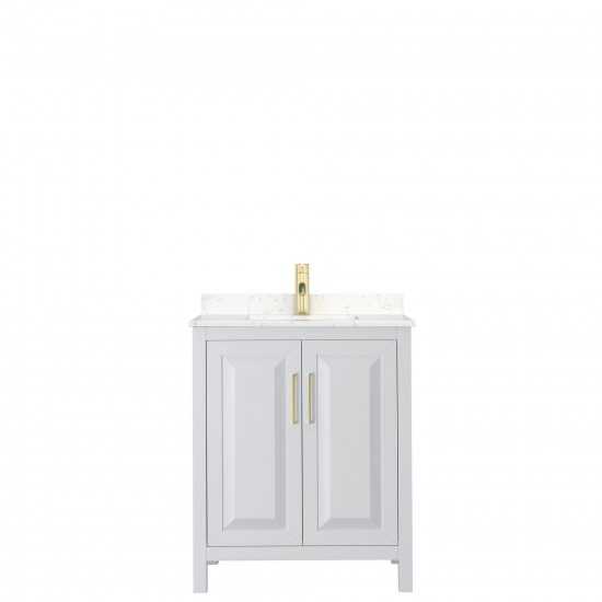 30 Inch Single Bathroom Vanity in White, Light-Vein Carrara Cultured Marble Countertop, Sink, Gold Trim