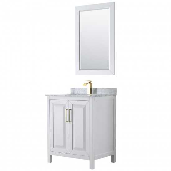 30 Inch Single Bathroom Vanity in White, White Carrara Marble Countertop, Sink, 24 Inch Mirror, Gold Trim