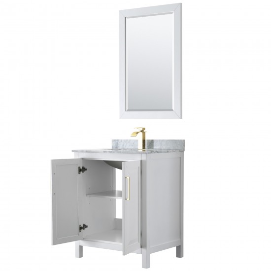 30 Inch Single Bathroom Vanity in White, White Carrara Marble Countertop, Sink, 24 Inch Mirror, Gold Trim