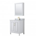 30 Inch Single Bathroom Vanity in White, White Carrara Marble Countertop, Sink, Medicine Cabinet, Gold Trim