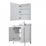 30 Inch Single Bathroom Vanity in White, White Carrara Marble Countertop, Sink, Medicine Cabinet, Gold Trim