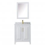 30 Inch Single Bathroom Vanity in White, White Carrara Marble Countertop, Sink, Medicine Cabinet, Gold Trim