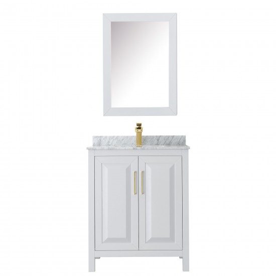 30 Inch Single Bathroom Vanity in White, White Carrara Marble Countertop, Sink, Medicine Cabinet, Gold Trim