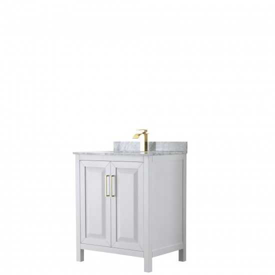 30 Inch Single Bathroom Vanity in White, White Carrara Marble Countertop, Sink, Gold Trim