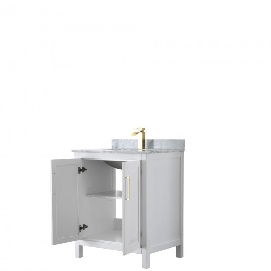 30 Inch Single Bathroom Vanity in White, White Carrara Marble Countertop, Sink, Gold Trim