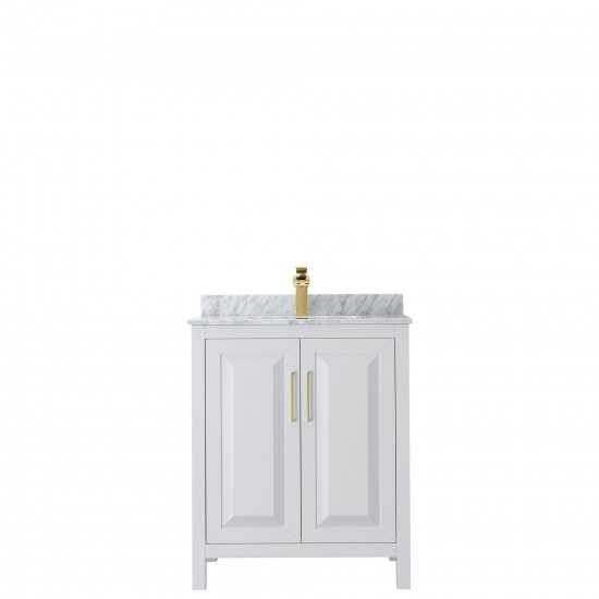 30 Inch Single Bathroom Vanity in White, White Carrara Marble Countertop, Sink, Gold Trim