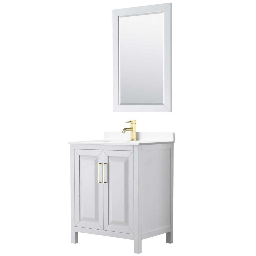 30 Inch Single Bathroom Vanity in White, White Cultured Marble Countertop, Sink, 24 Inch Mirror, Gold Trim 30 Inch Single Bathroom Vanity in White, White Cultured Marble Countertop, Sink, 24 Inch Mirror, Gold Trim