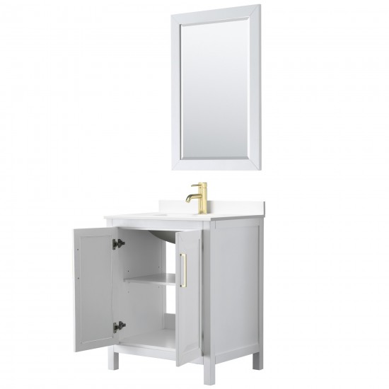 30 Inch Single Bathroom Vanity in White, White Cultured Marble Countertop, Sink, 24 Inch Mirror, Gold Trim