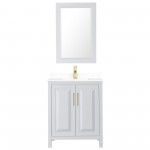 30 Inch Single Bathroom Vanity in White, White Cultured Marble Countertop, Sink, 24 Inch Mirror, Gold Trim