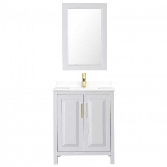 30 Inch Single Bathroom Vanity in White, White Cultured Marble Countertop, Sink, 24 Inch Mirror, Gold Trim