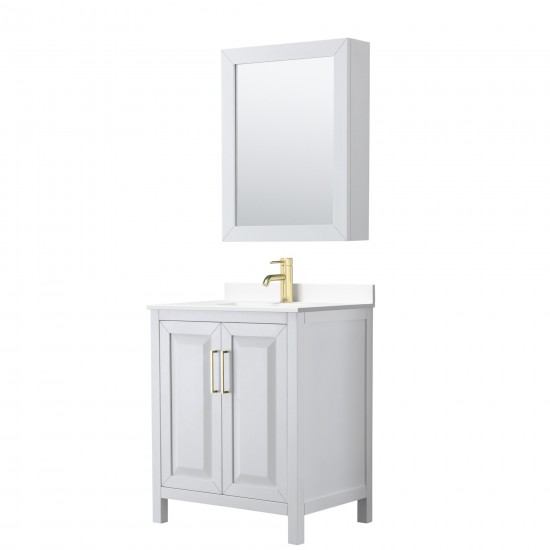 30 Inch Single Bathroom Vanity in White, White Cultured Marble Countertop, Sink, Medicine Cabinet, Gold Trim