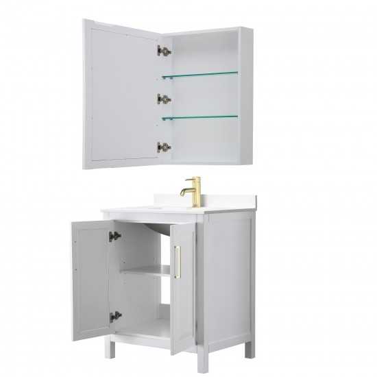 30 Inch Single Bathroom Vanity in White, White Cultured Marble Countertop, Sink, Medicine Cabinet, Gold Trim